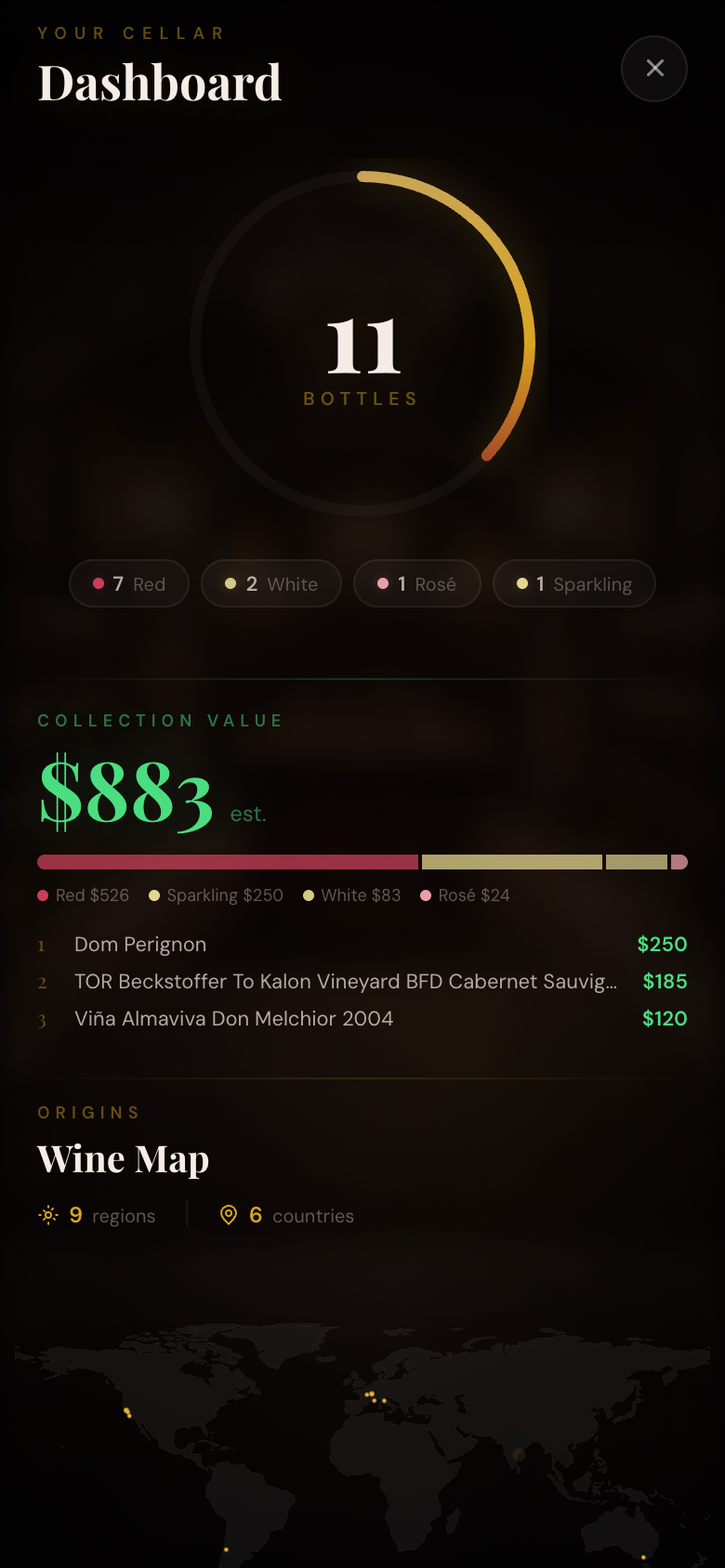 Cellar dashboard showing collection value and wine map